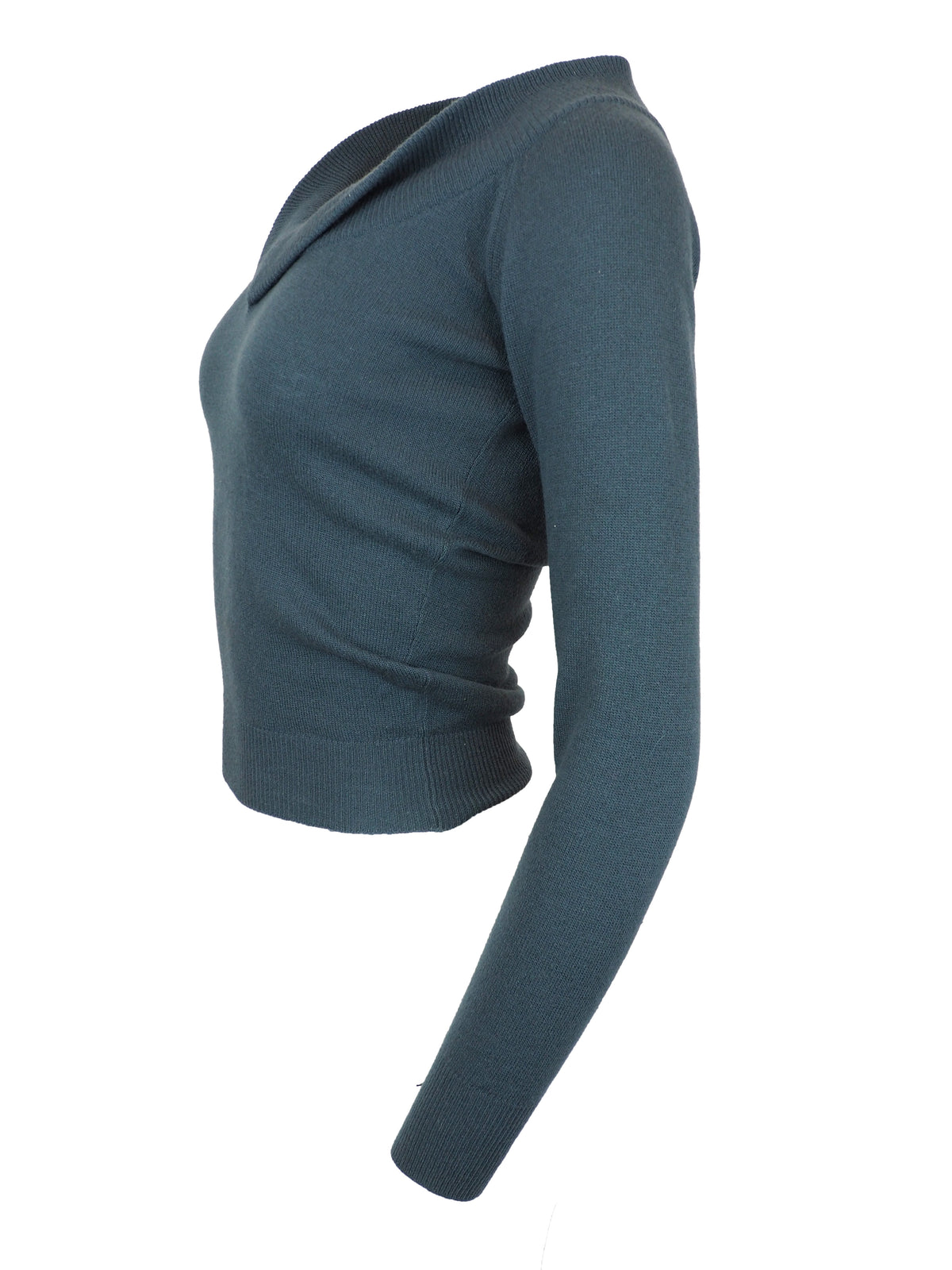 A vintage Romeo Gigli slate blue long-sleeve knit sweater with a wide folded collar