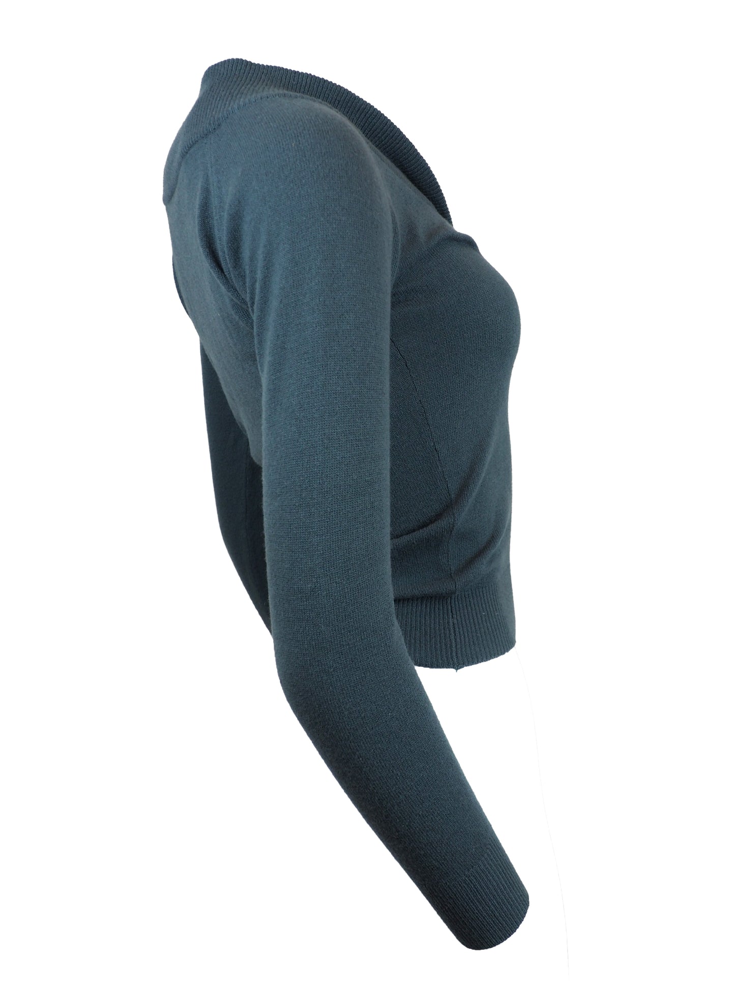 A vintage Romeo Gigli slate blue long-sleeve knit sweater with a wide folded collar