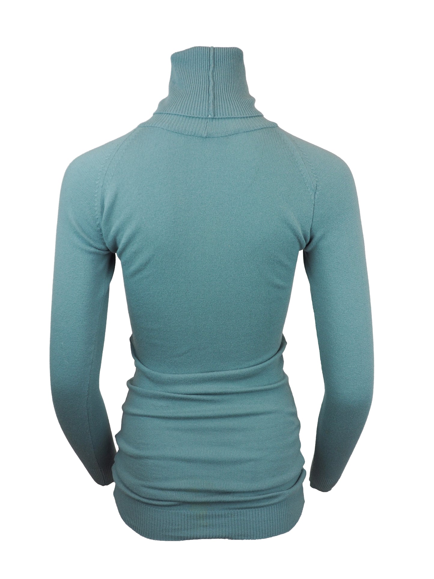 A vintage Romeo Gigli women's long-sleeve ribbed turtleneck sweater in a muted teal blue-green color