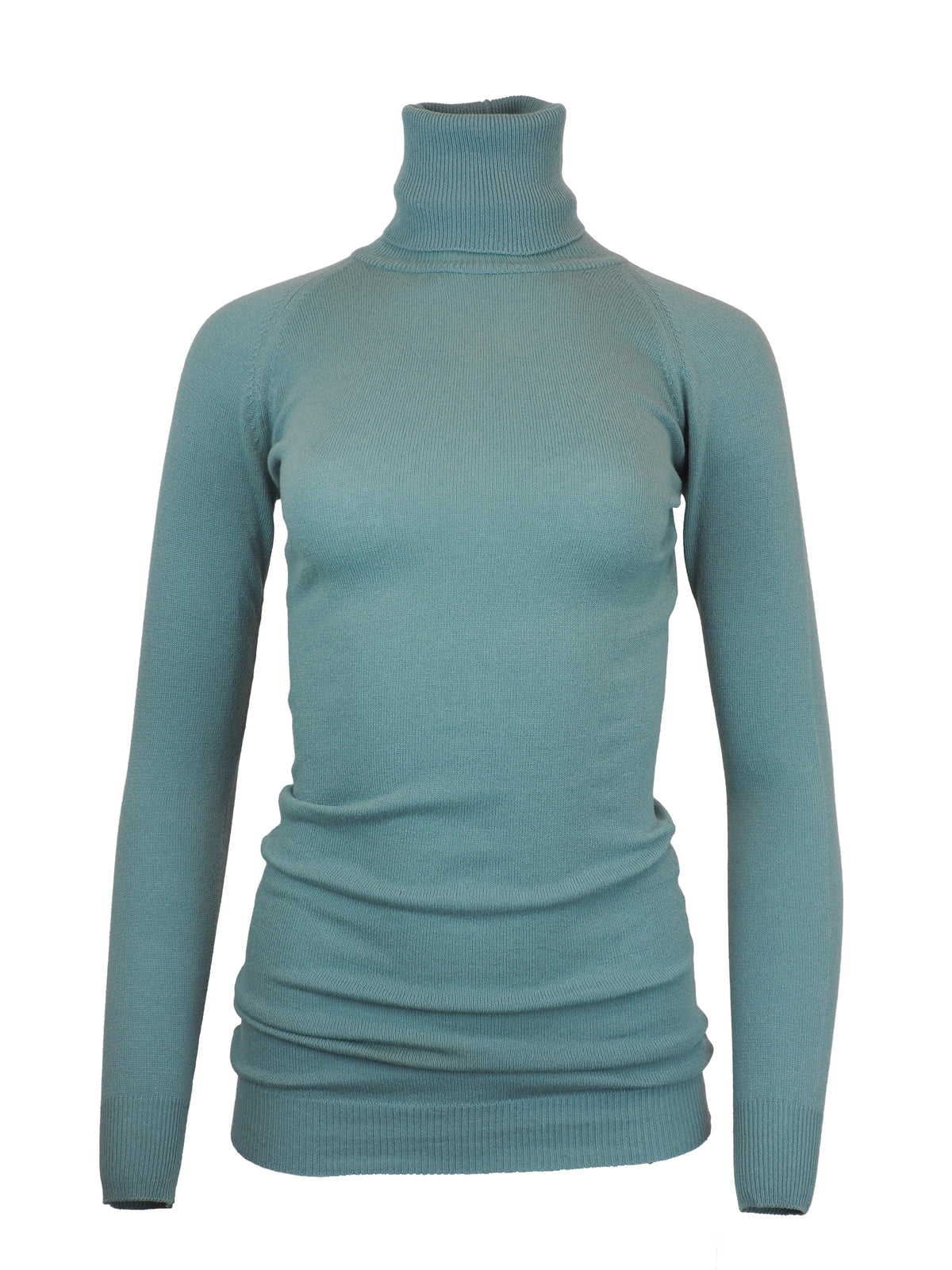 A vintage Romeo Gigli women's long-sleeve ribbed turtleneck sweater in a muted teal blue-green color