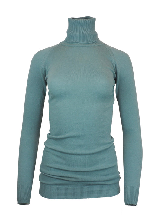 A vintage Romeo Gigli women's long-sleeve ribbed turtleneck sweater in a muted teal blue-green color