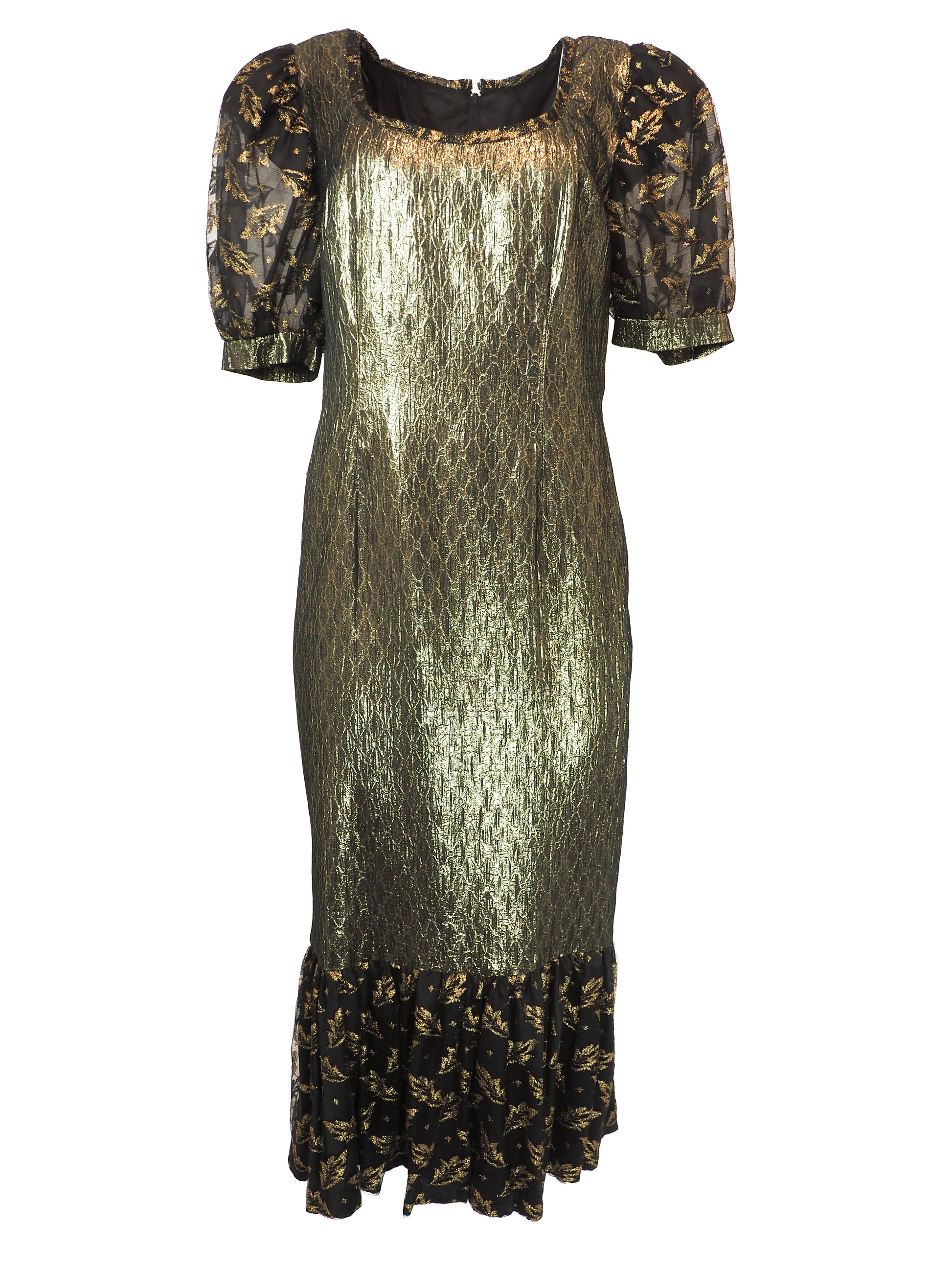 A vintage 1980s metallic gold and black patterned midi dress with puff sleeves, a matching waist tie, and a ruffled hem