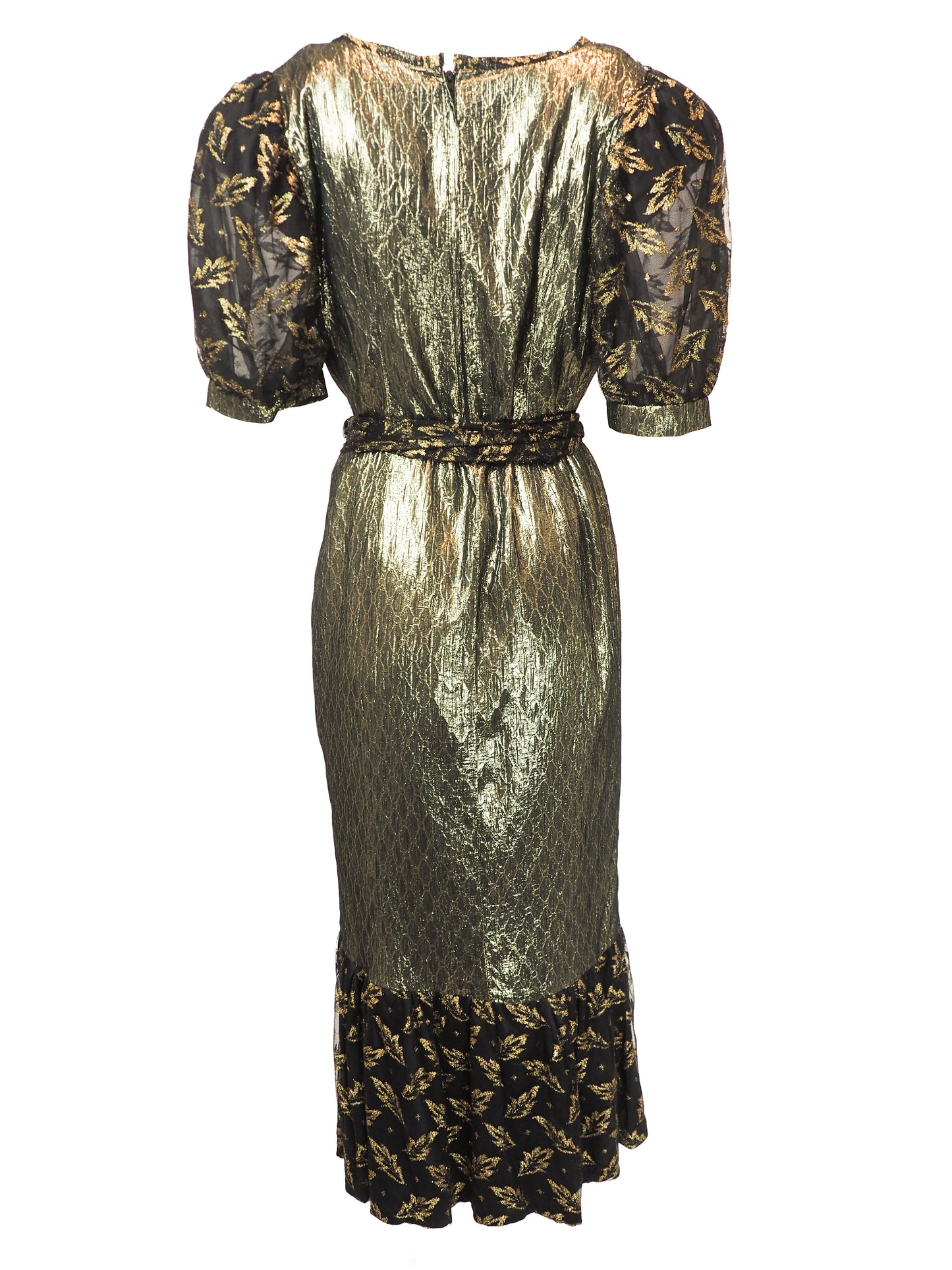 A vintage 1980s metallic gold and black patterned midi dress with puff sleeves, a matching waist tie, and a ruffled hem