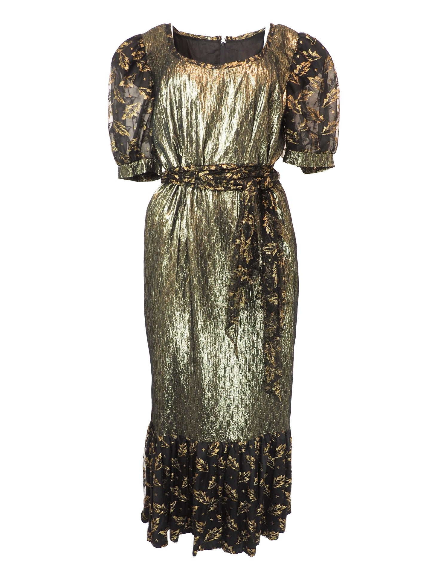 A vintage 1980s metallic gold and black patterned midi dress with puff sleeves, a matching waist tie, and a ruffled hem