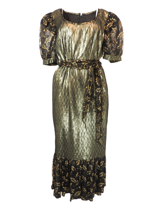 A vintage 1980s metallic gold and black patterned midi dress with puff sleeves, a matching waist tie, and a ruffled hem