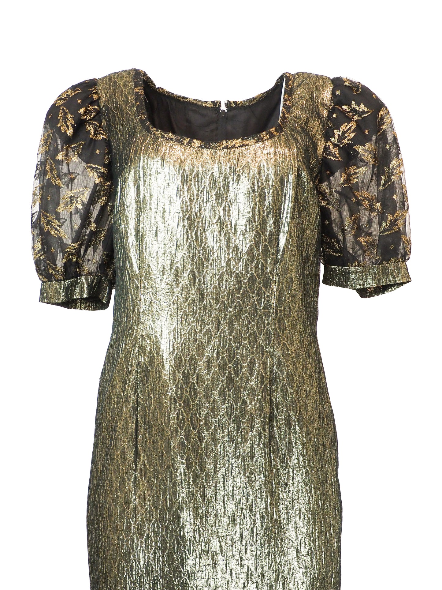 A vintage 1980s metallic gold and black patterned midi dress with puff sleeves, a matching waist tie, and a ruffled hem
