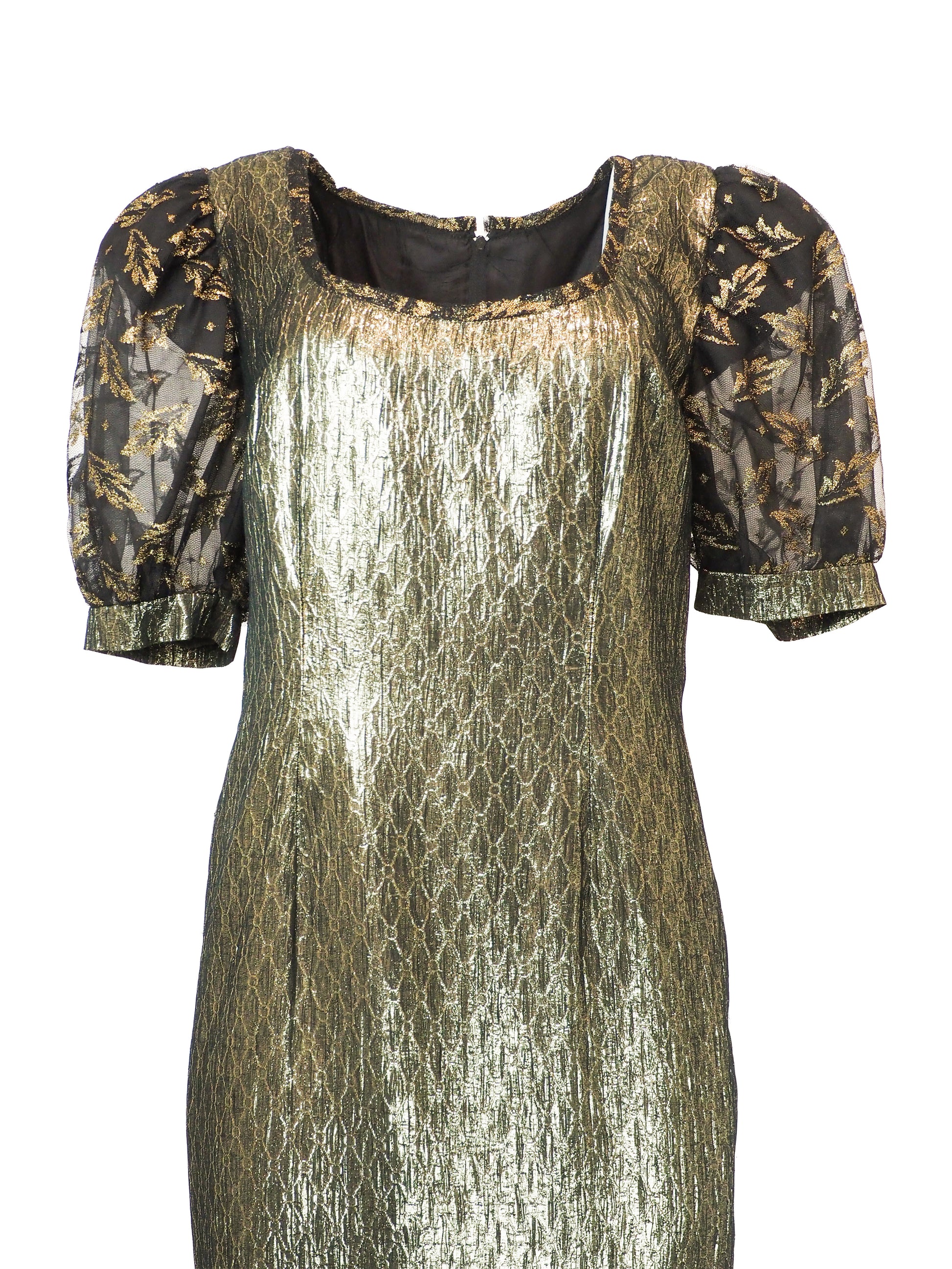 A vintage 1980s metallic gold and black patterned midi dress with puff sleeves, a matching waist tie, and a ruffled hem