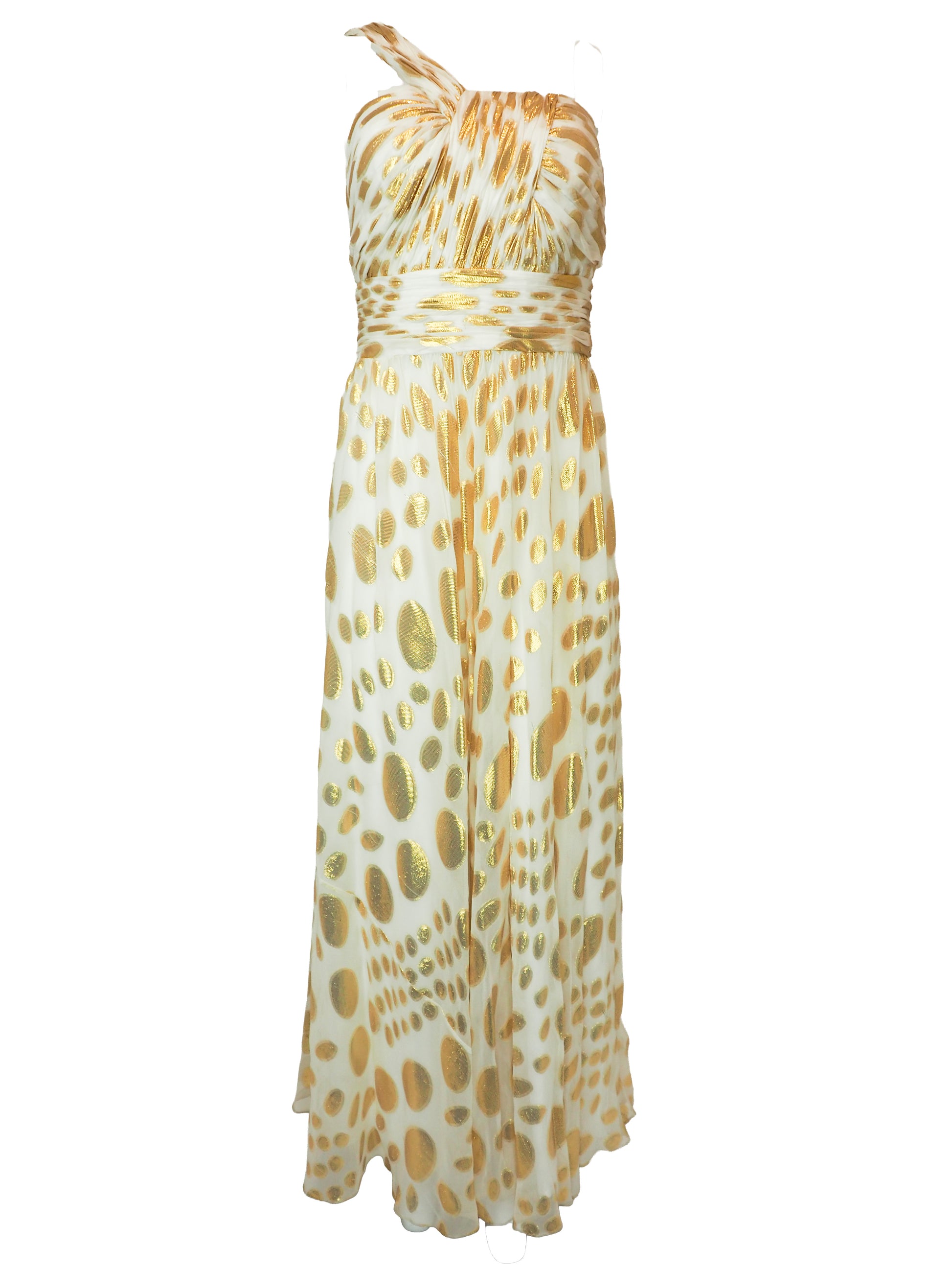 A vintage halter-neck maxi dress with a gold and cream animal print pattern, featuring a ruched bodice and a flowing skirt.