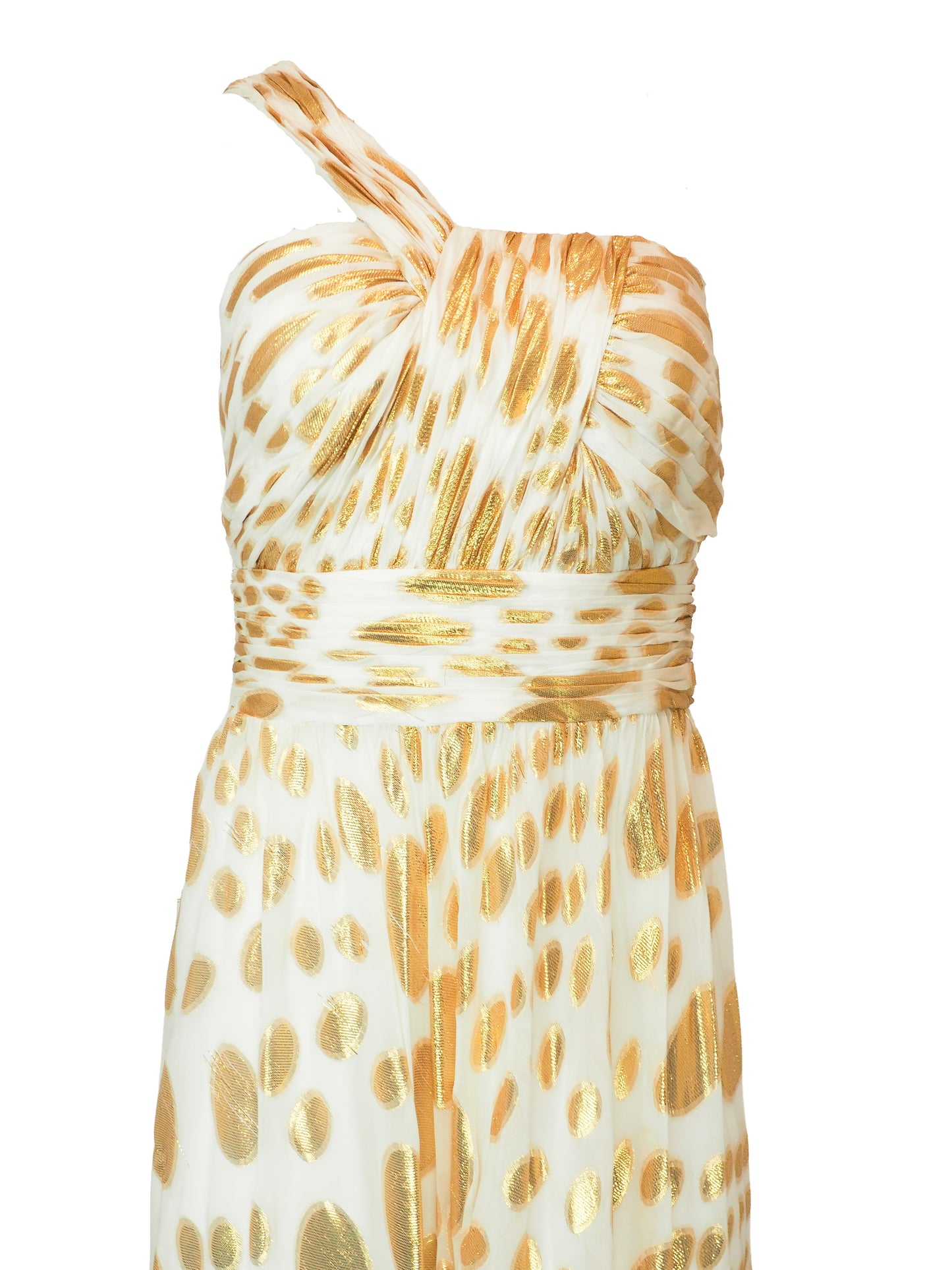A vintage halter-neck maxi dress with a gold and cream animal print pattern, featuring a ruched bodice and a flowing skirt.