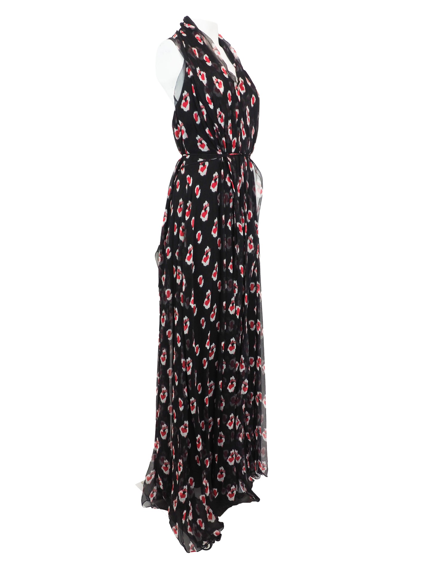 A vintage Carolina Herrera chiffon sleeveless black maxi dress with a red and pink floral print, featuring a halter-style neckline and a tie-waist detail, shown against a plain white background.