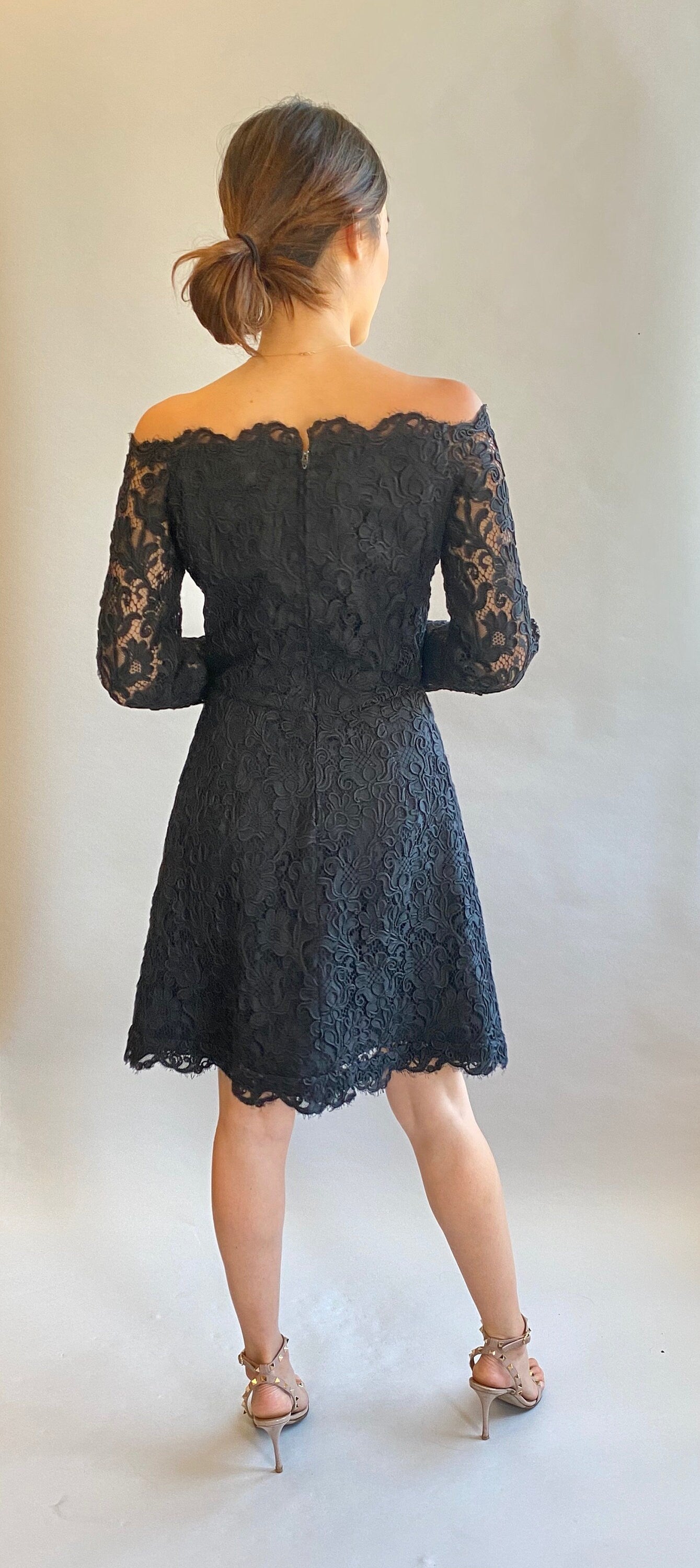 Vintage Scaasi Black Lace off the Shoulder Cocktail Dress