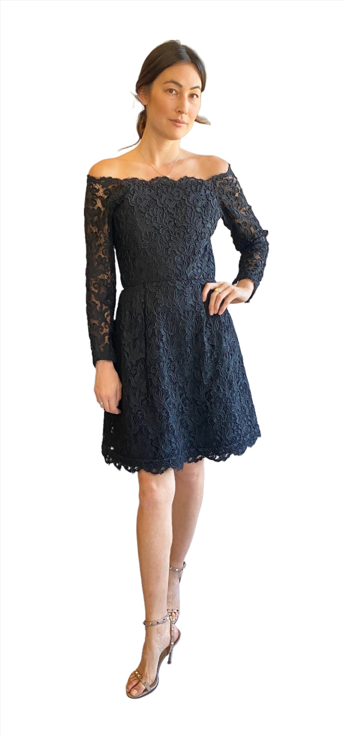 Vintage Scaasi Black Lace off the Shoulder Cocktail Dress