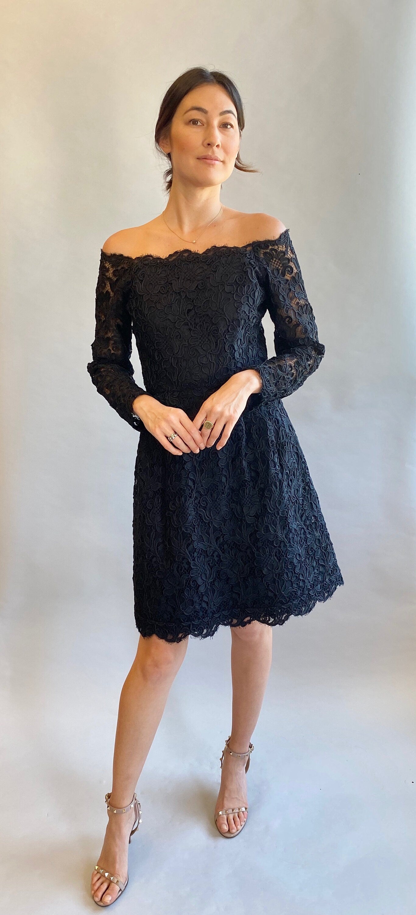 Vintage Scaasi Black Lace off the Shoulder Cocktail Dress