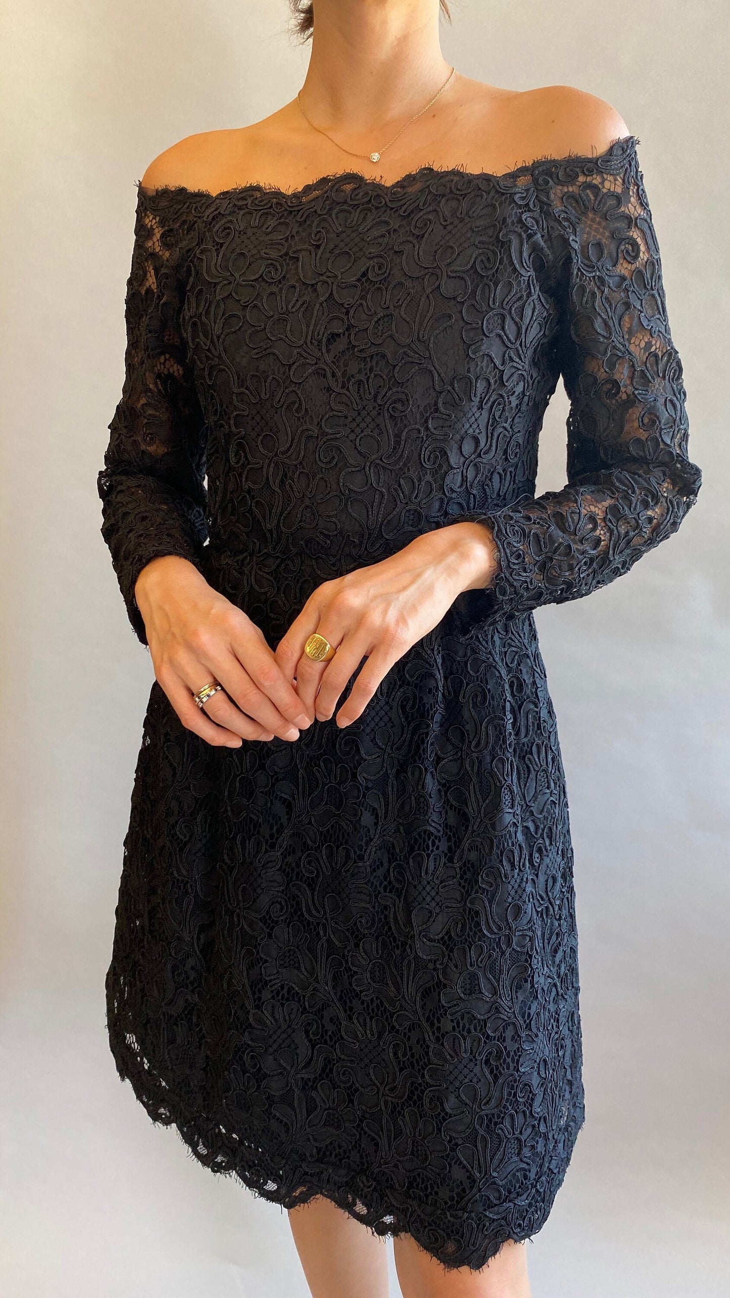 Vintage Scaasi Black Lace off the Shoulder Cocktail Dress