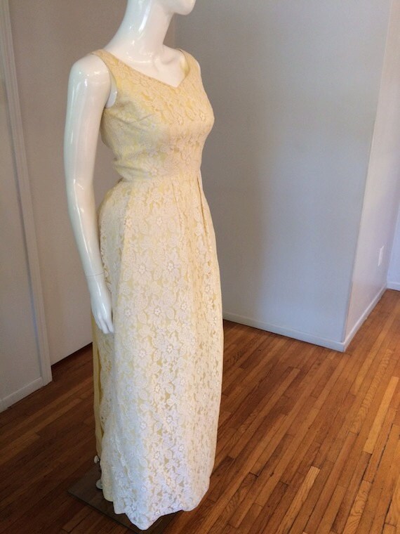 Vintage 1960's Yellow and White Lace and Tulle Evening Gown/ Wedding Dress