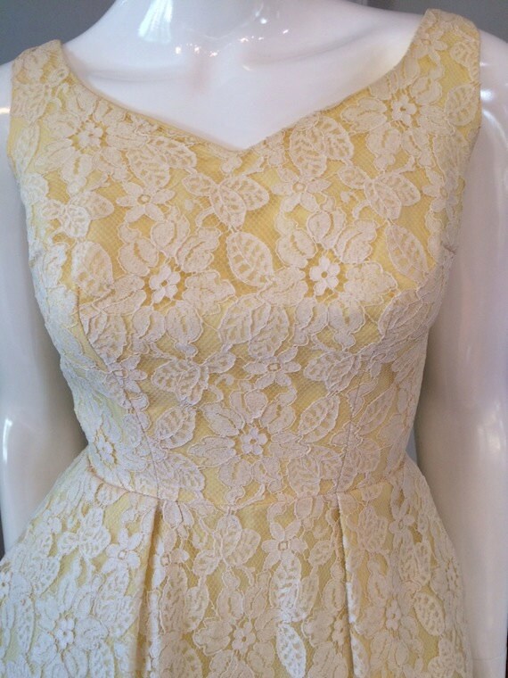 Vintage 1960's Yellow and White Lace and Tulle Evening Gown/ Wedding Dress