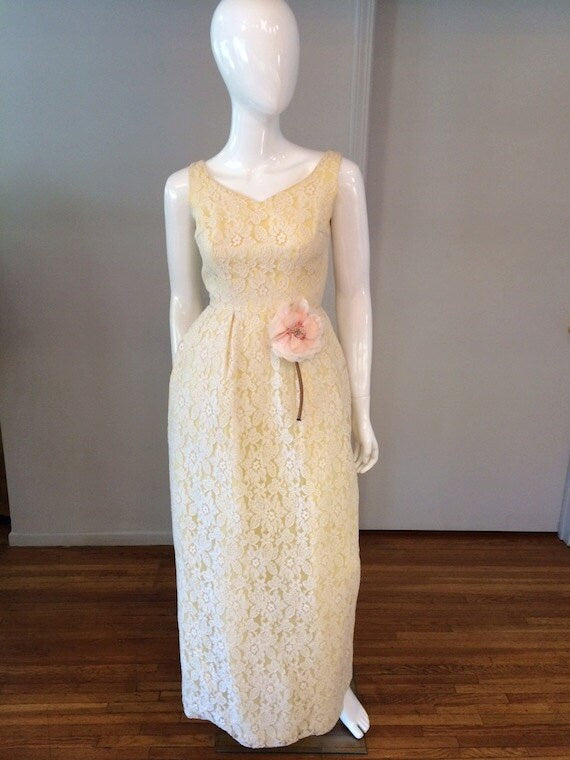 Vintage 1960's Yellow and White Lace and Tulle Evening Gown/ Wedding Dress