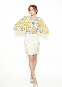Galanos Yellow/White sequin Floral Cocktail Dress