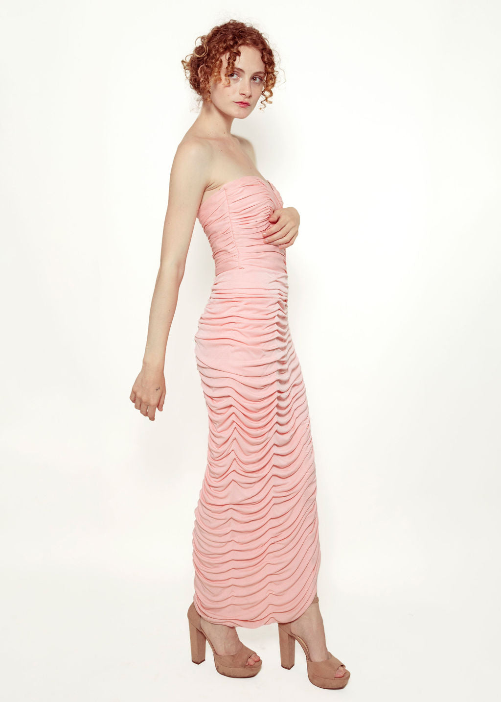 C Randall Brooks Pink Ruched Strapless Gown