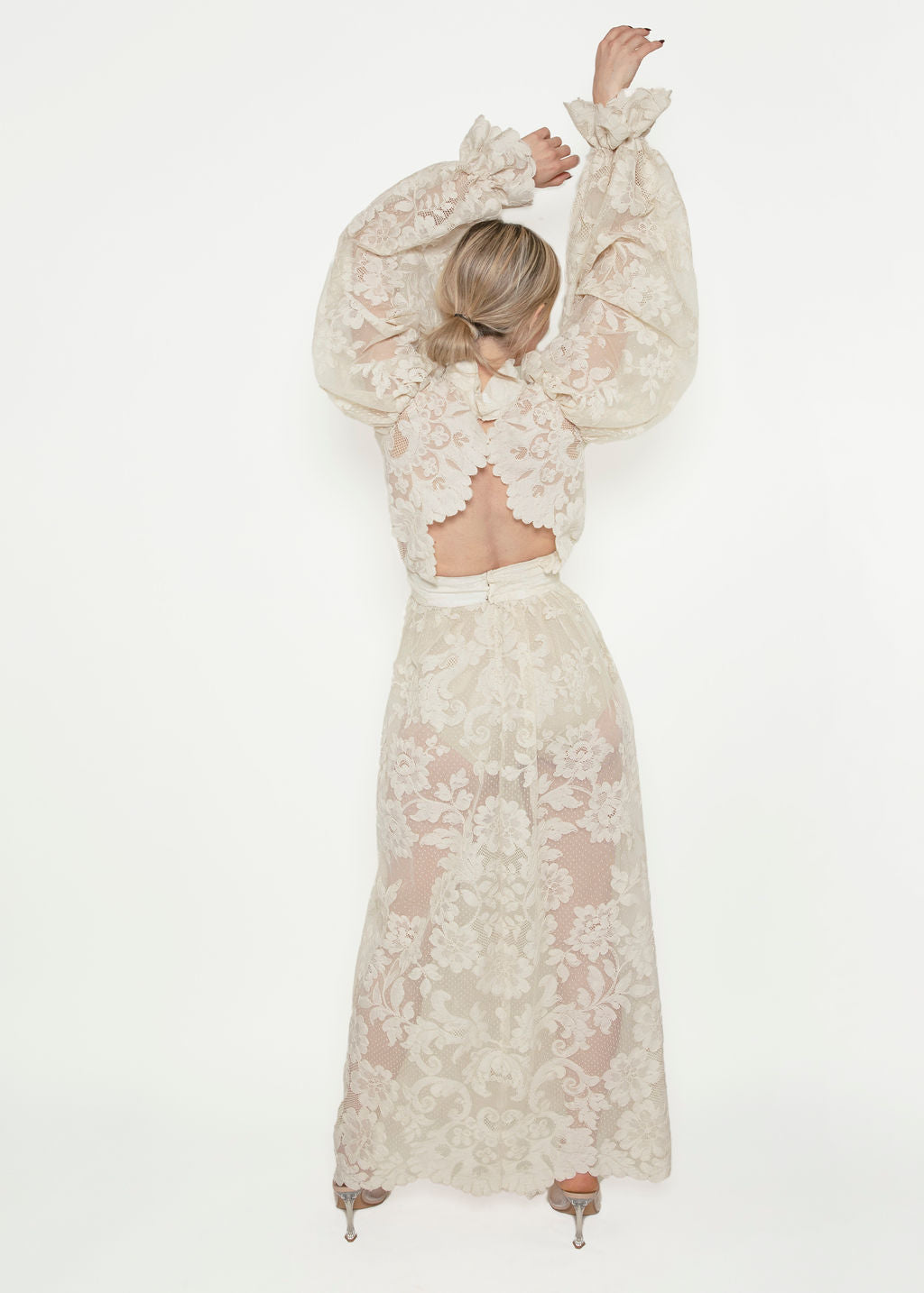 1970's White Lace Gown W Plunging Neck & Open Back