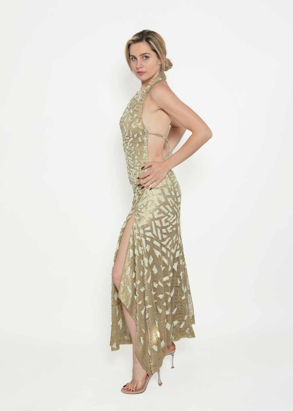 Atelier Versace Couture Metallic Gold Open Back Dress