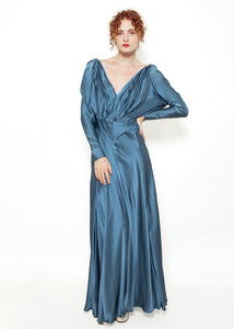 Blue Silk Gown with Back Rosettes
