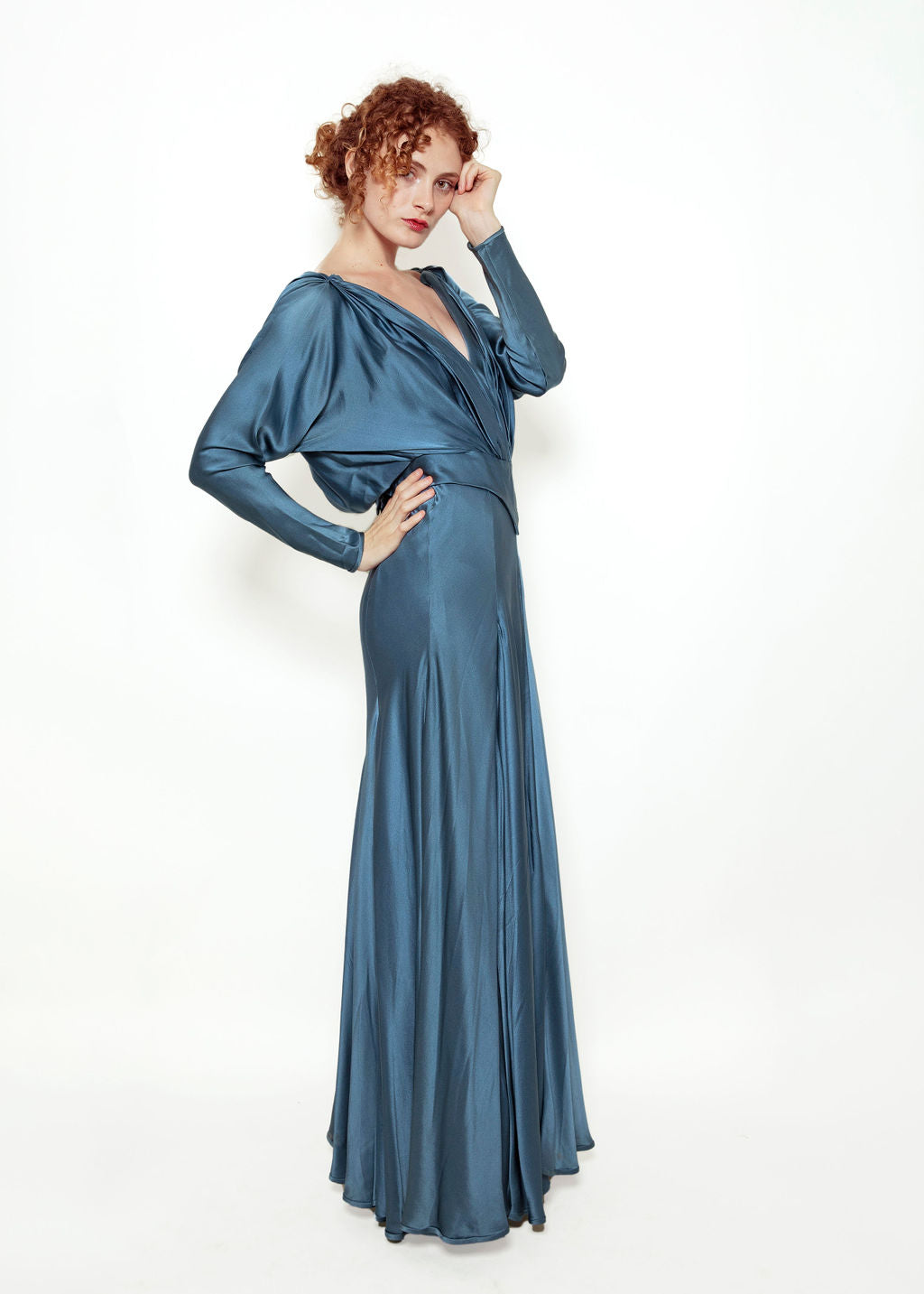 Blue Silk Gown with Back Rosettes