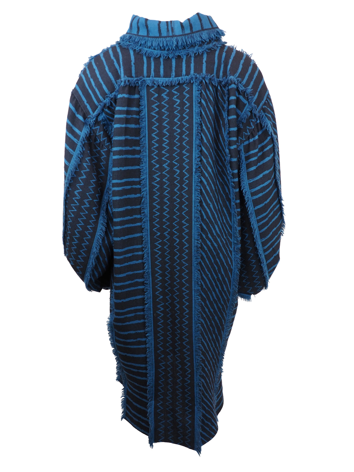 A vintage Issey Miyake long-sleeve, high-neck tunic top featuring a blue and black geometric pattern with fringed edges