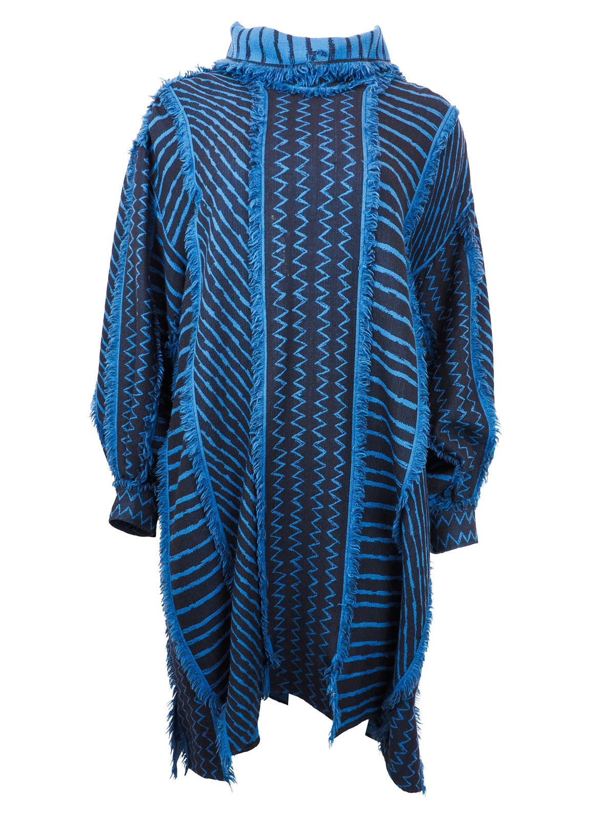 A vintage Issey Miyake long-sleeve, high-neck tunic top featuring a blue and black geometric pattern with fringed edges