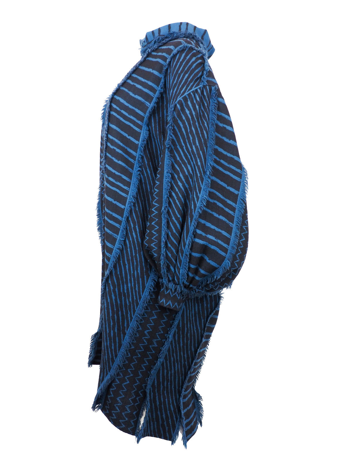 A vintage Issey Miyake long-sleeve, high-neck tunic top featuring a blue and black geometric pattern with fringed edges