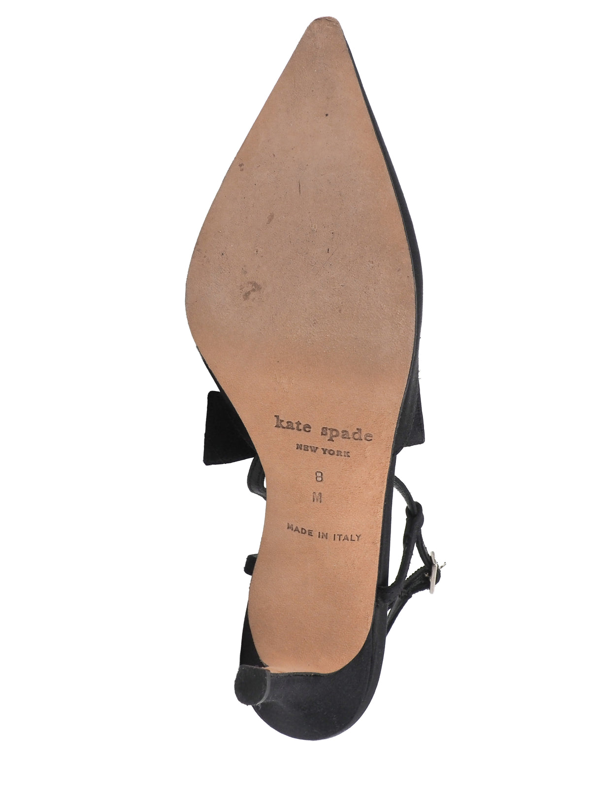 A pair of vintage Kate spade black pointed-toe slingback heels with delicate ankle straps, embellished with a jeweled dragonfly detail on the instep and a small gold buckle.