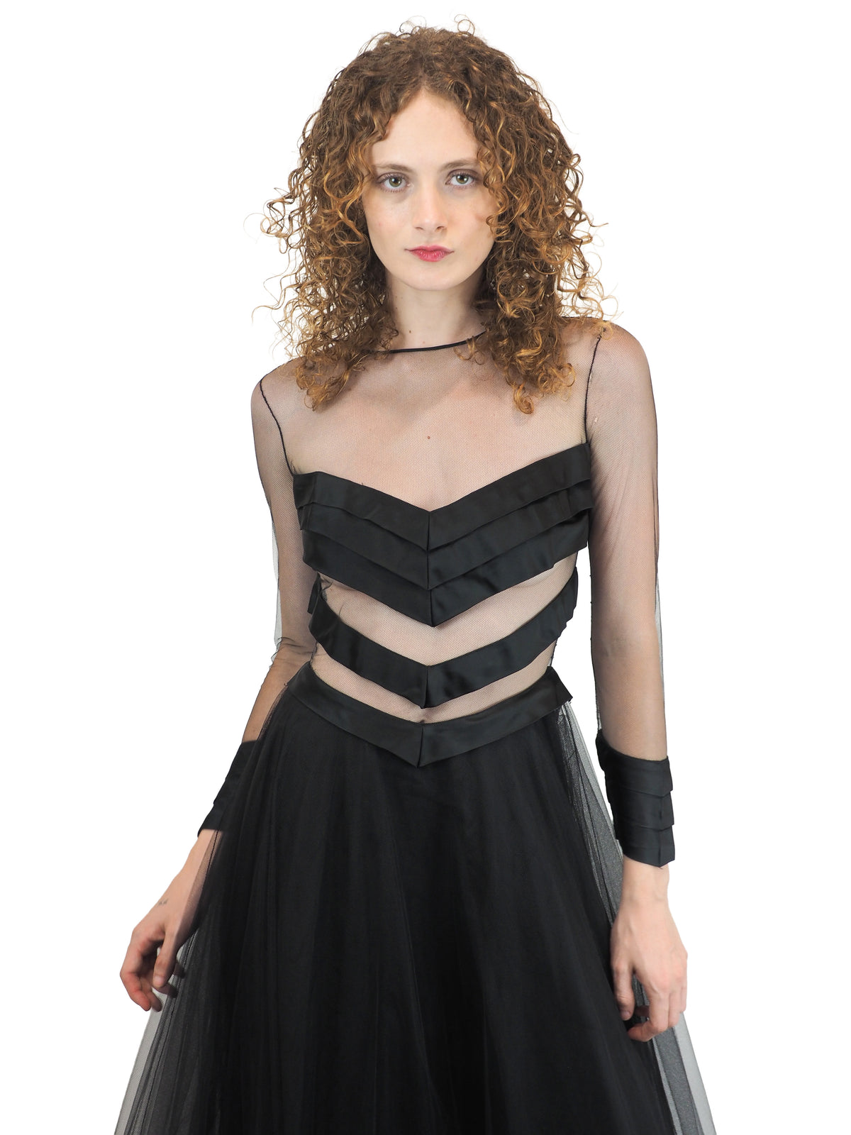 a vintage loris azzarro black strappy tulle formal gown with a sheer chevron satin bodice and layered tulle skirt