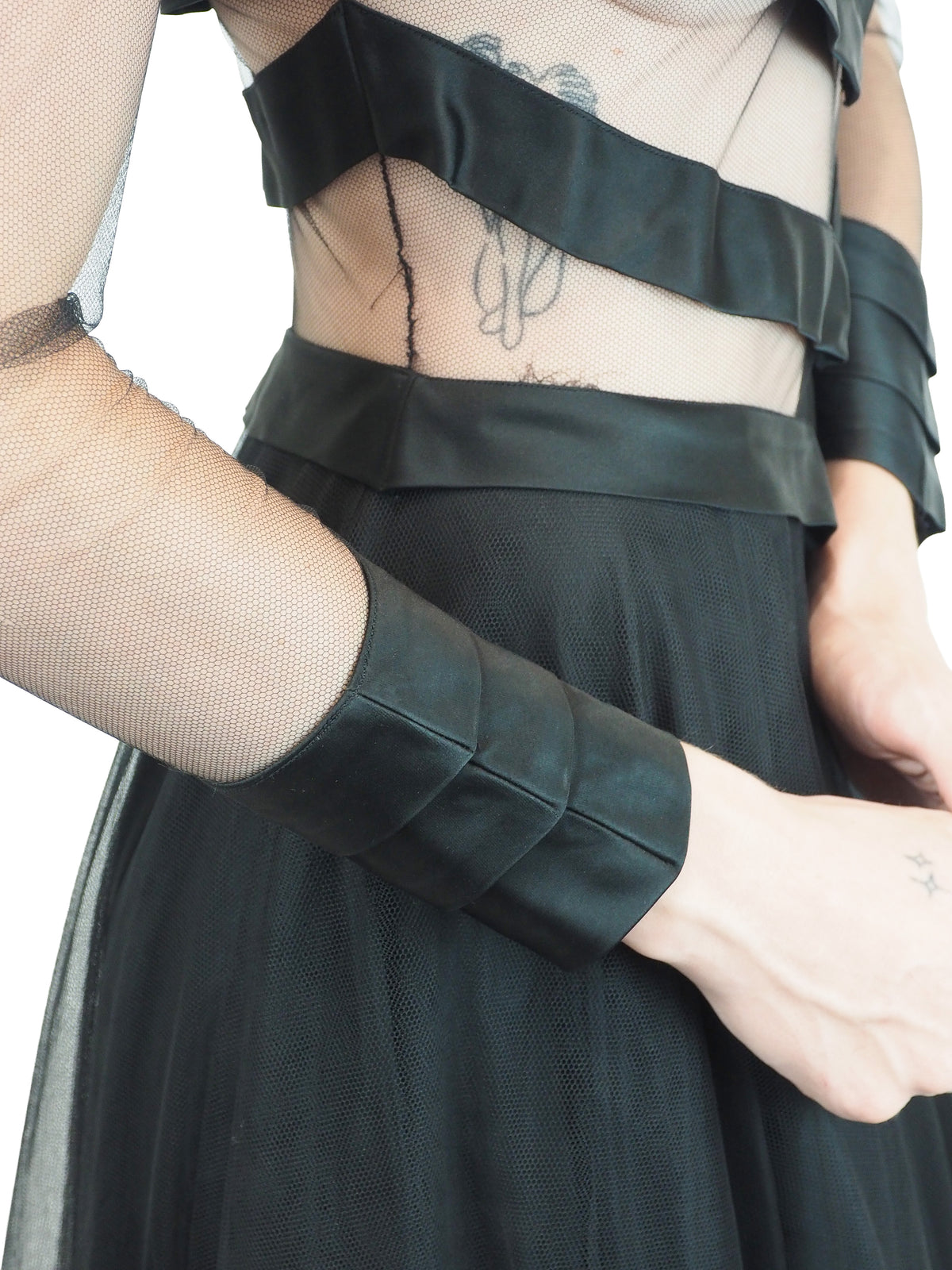 a vintage loris azzarro black strappy tulle formal gown with a sheer chevron satin bodice and layered tulle skirt