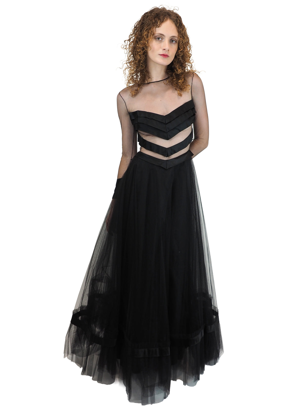 a vintage loris azzarro black strappy tulle formal gown with a sheer chevron satin bodice and layered tulle skirt