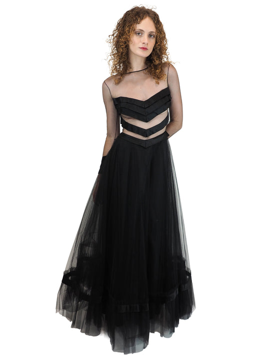 a vintage loris azzarro black strappy tulle formal gown with a sheer chevron satin bodice and layered tulle skirt