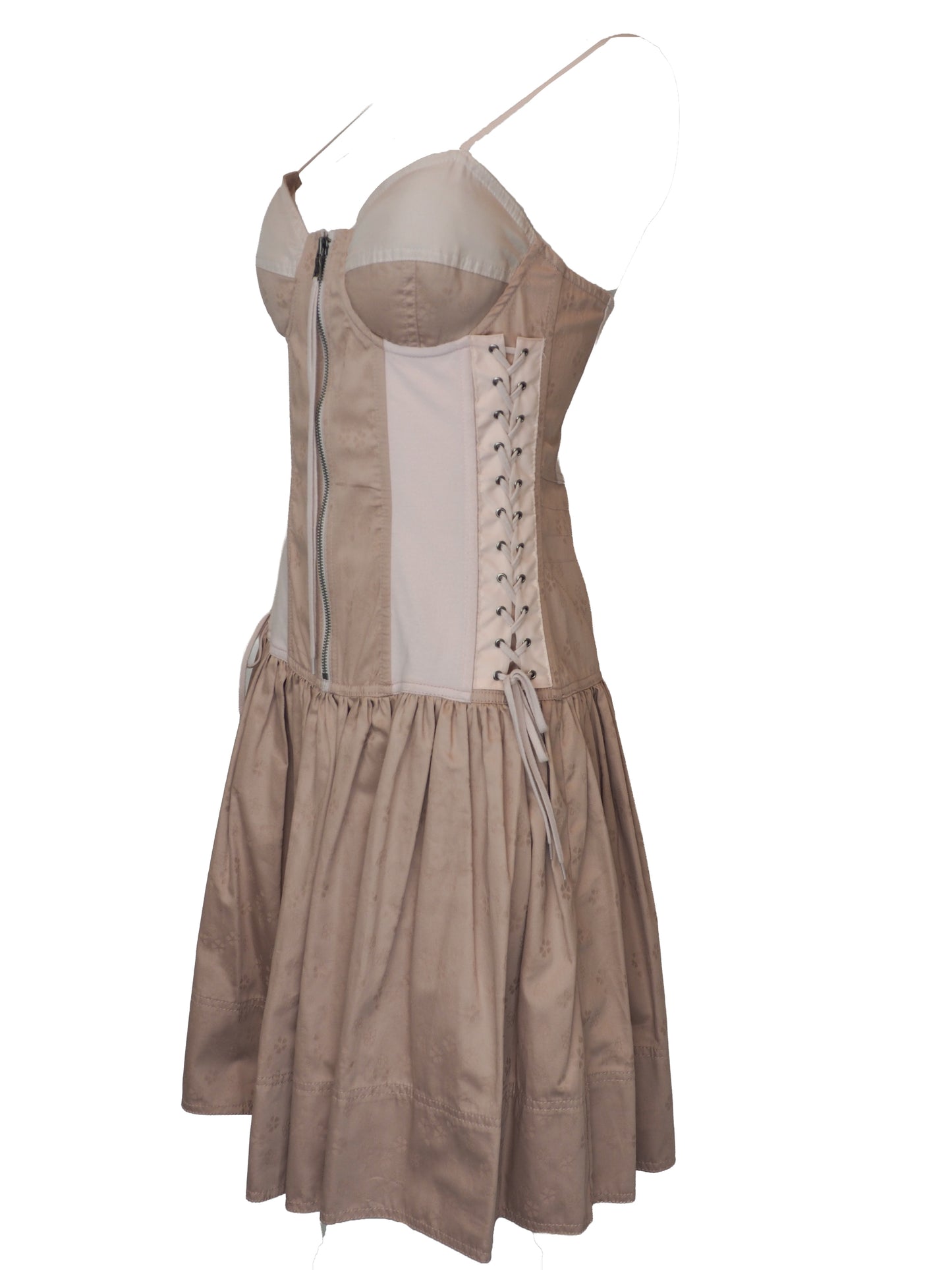 A vintage Marc Jacobs beige and light pink corset-style mini dress with thin shoulder straps, a front zipper, side lace-up detailing, and a gathered skirt