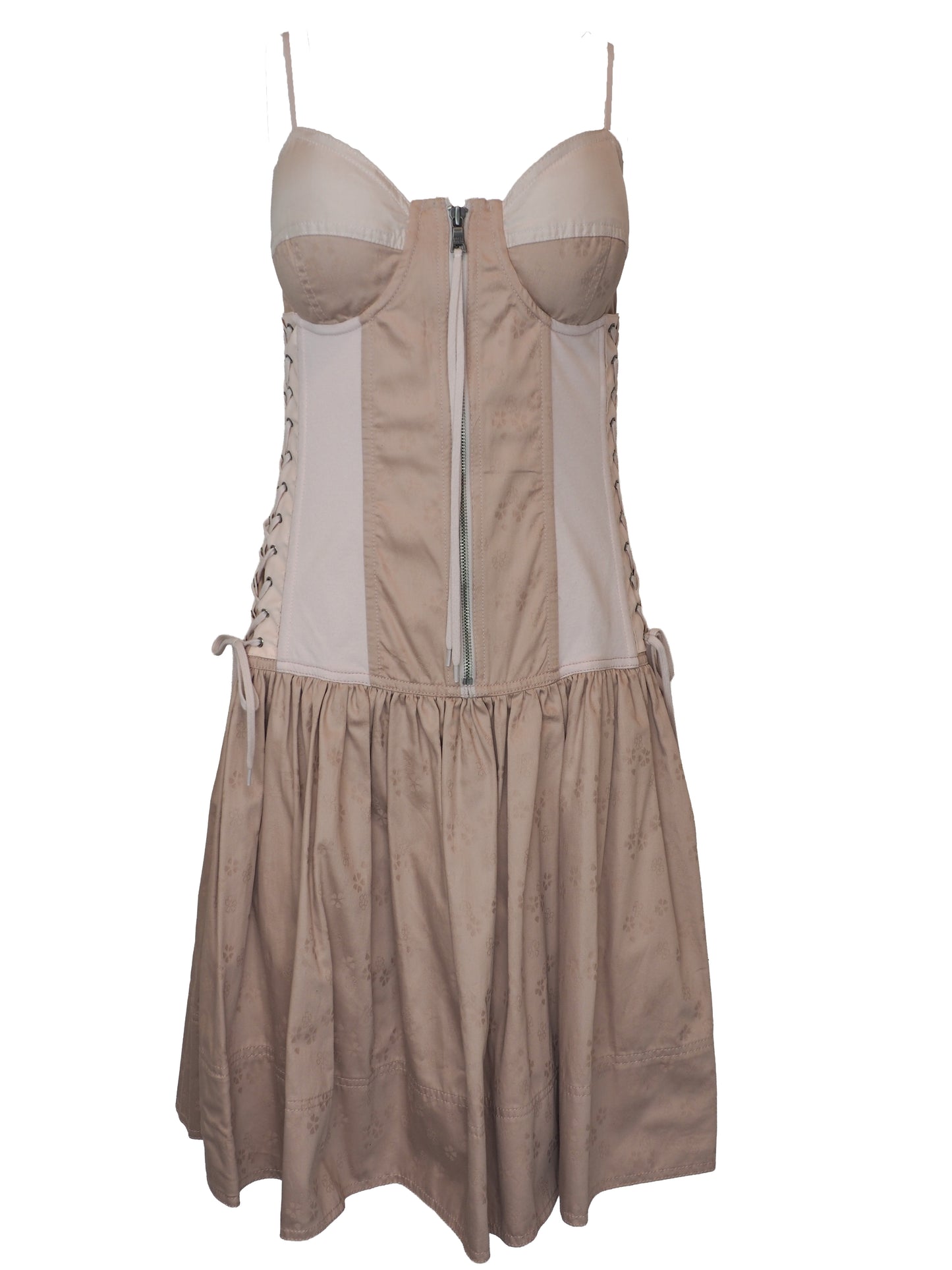 A vintage Marc Jacobs beige and light pink corset-style mini dress with thin shoulder straps, a front zipper, side lace-up detailing, and a gathered skirt