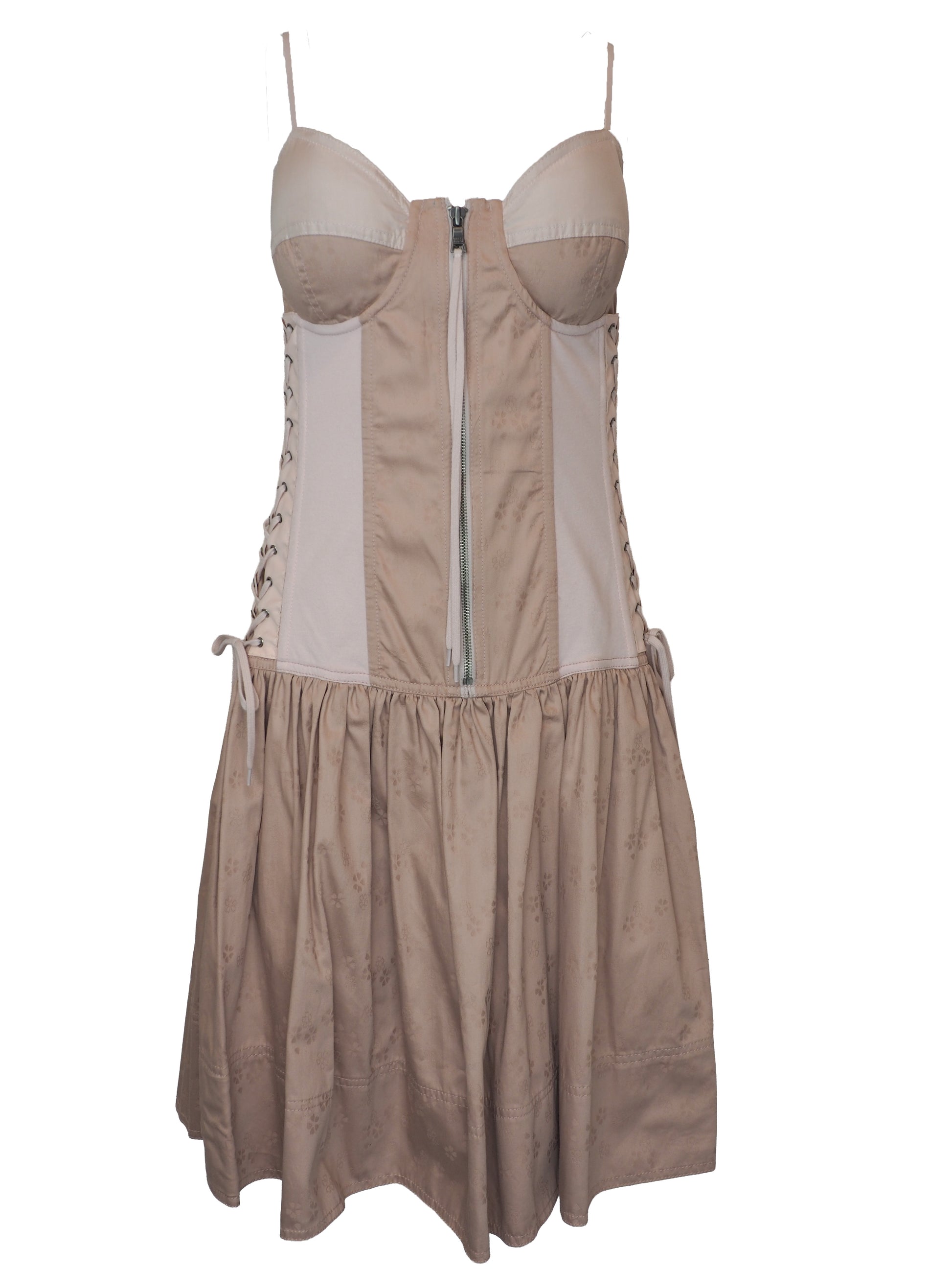 A vintage Marc Jacobs beige and light pink corset-style mini dress with thin shoulder straps, a front zipper, side lace-up detailing, and a gathered skirt