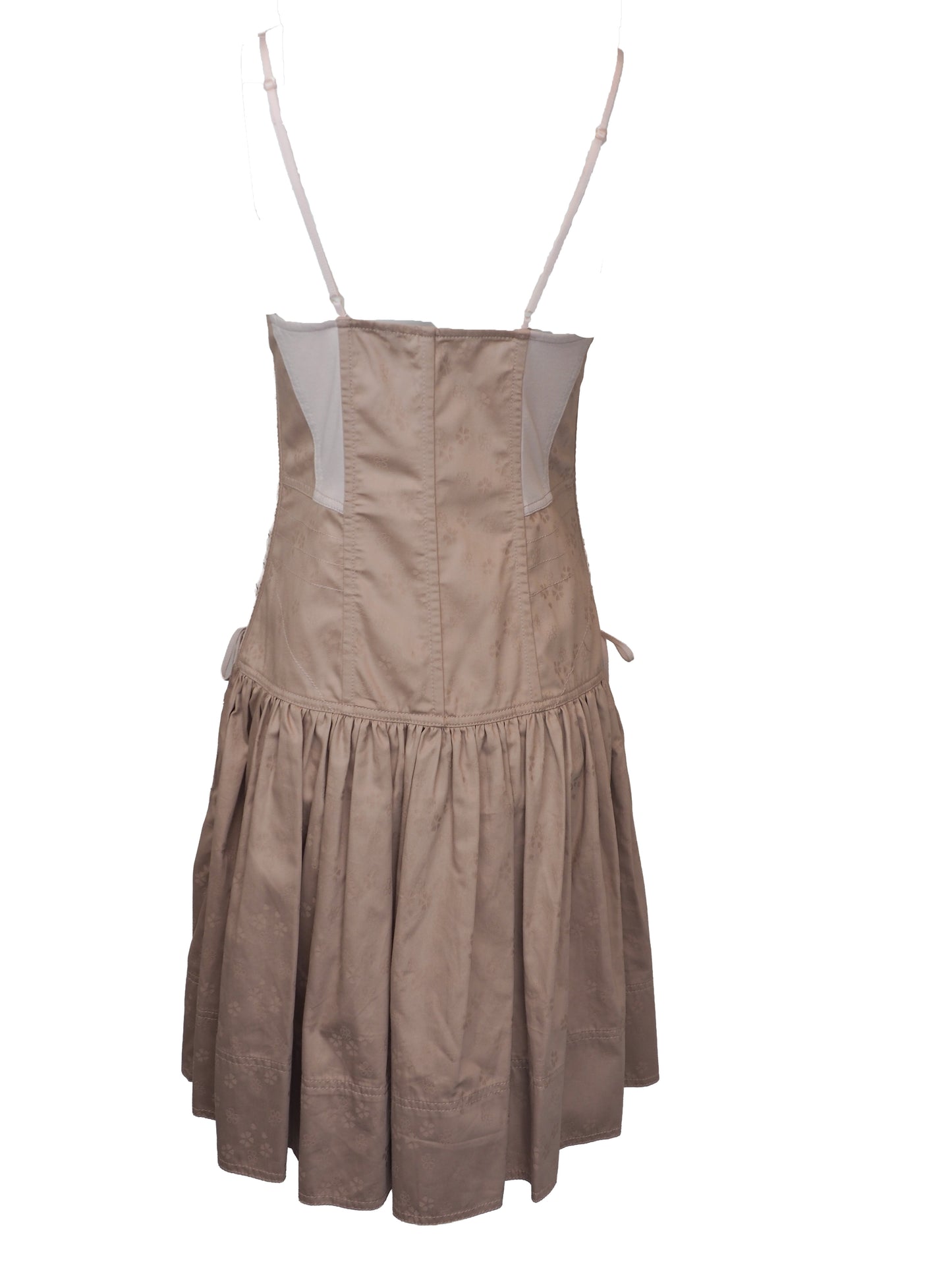 A vintage Marc Jacobs beige and light pink corset-style mini dress with thin shoulder straps, a front zipper, side lace-up detailing, and a gathered skirt