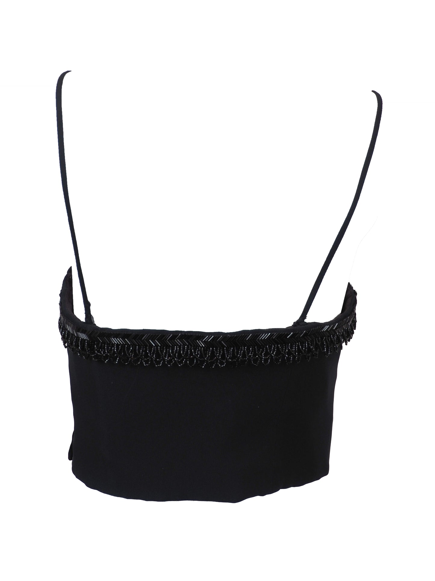 A vintage moschino black camisole top with thin spaghetti straps and a sweetheart neckline, decorated with black beaded fringe trim along the neckline 
