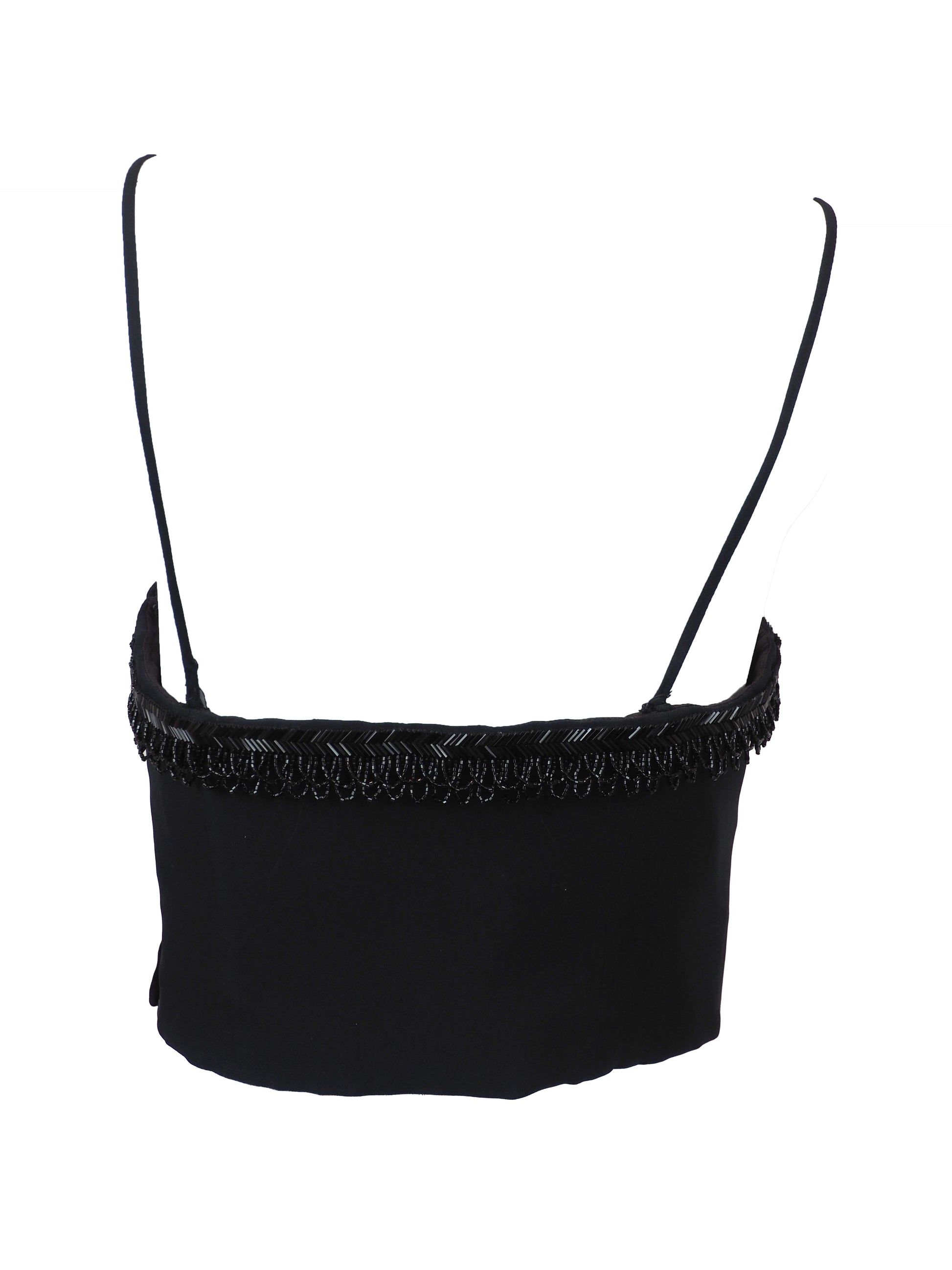 A vintage moschino black camisole top with thin spaghetti straps and a sweetheart neckline, decorated with black beaded fringe trim along the neckline 