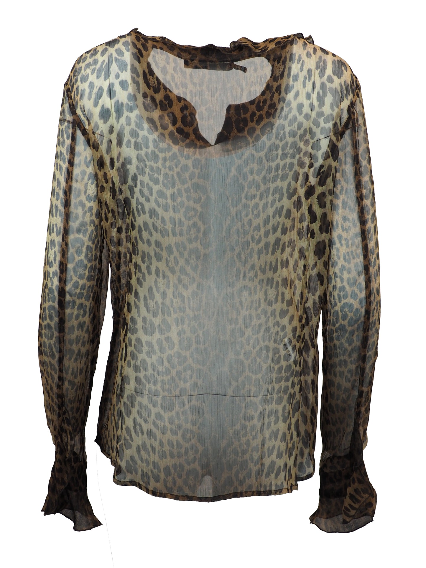 A vintage moschino sheer leopard-print blouse with a ruffled collar, button-front center panel, and matching ruffled cuffs