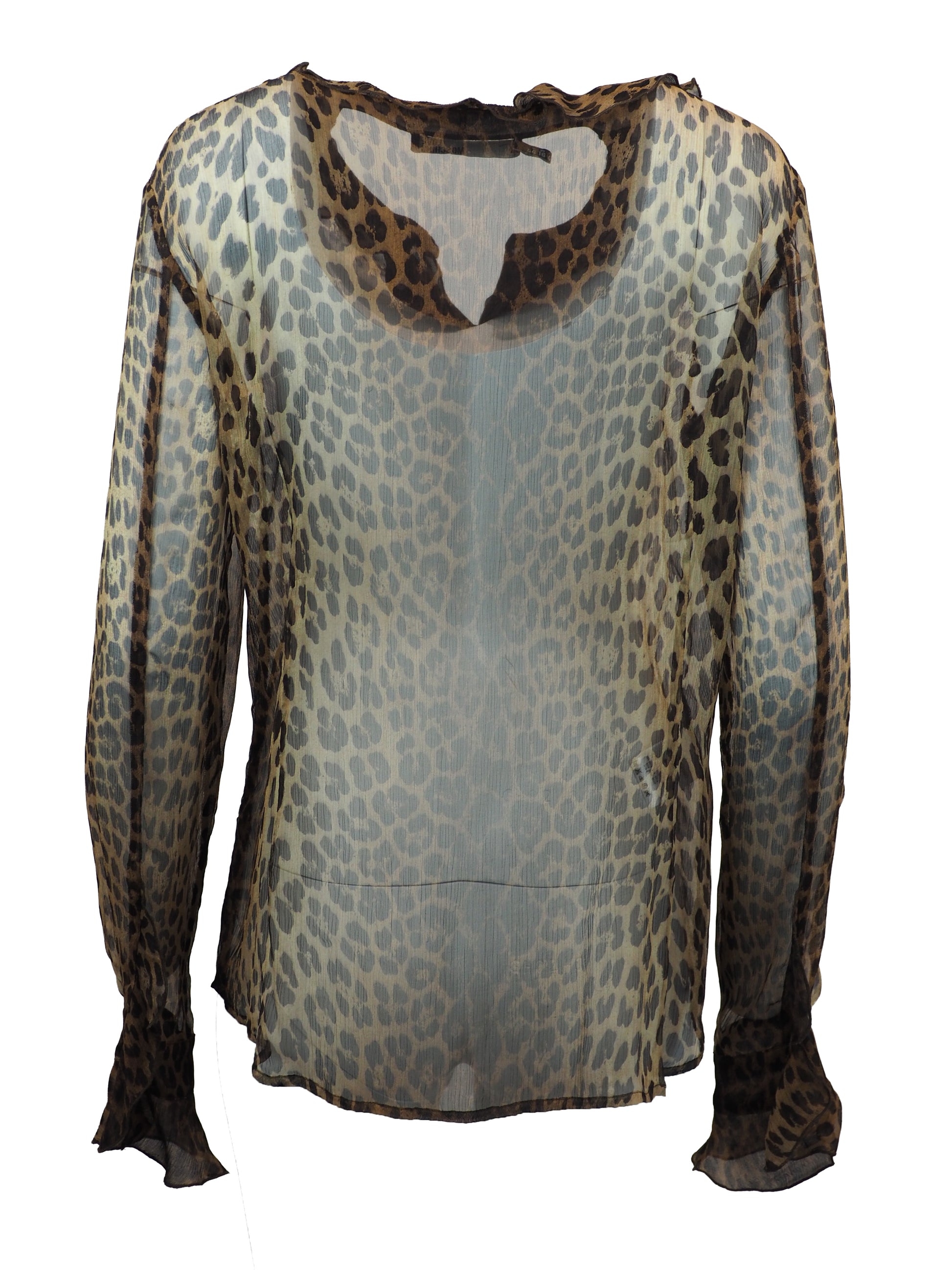 A vintage moschino sheer leopard-print blouse with a ruffled collar, button-front center panel, and matching ruffled cuffs