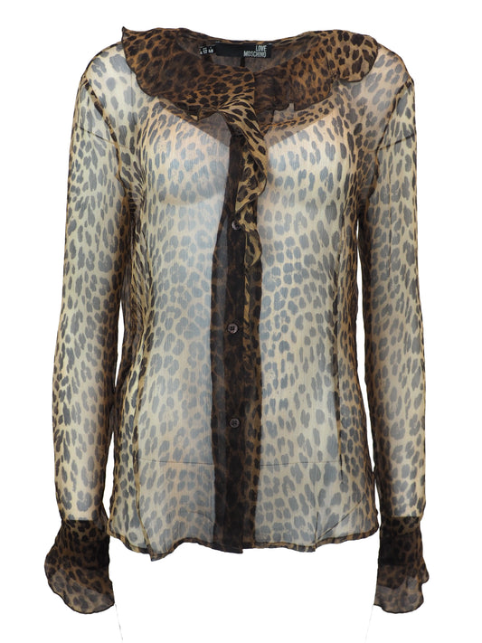 A vintage moschino sheer leopard-print blouse with a ruffled collar, button-front center panel, and matching ruffled cuffs