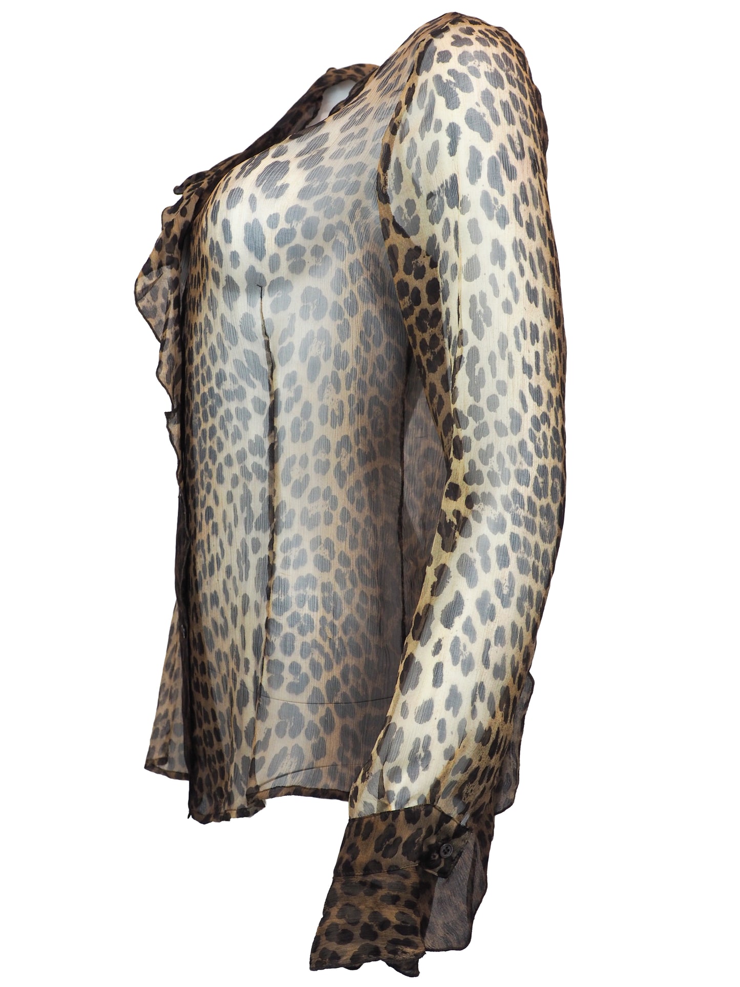 A vintage moschino sheer leopard-print blouse with a ruffled collar, button-front center panel, and matching ruffled cuffs