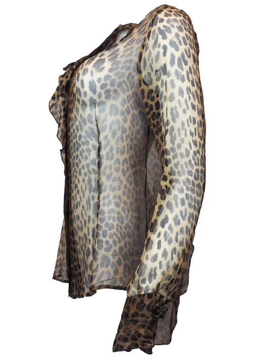 A vintage moschino sheer leopard-print blouse with a ruffled collar, button-front center panel, and matching ruffled cuffs