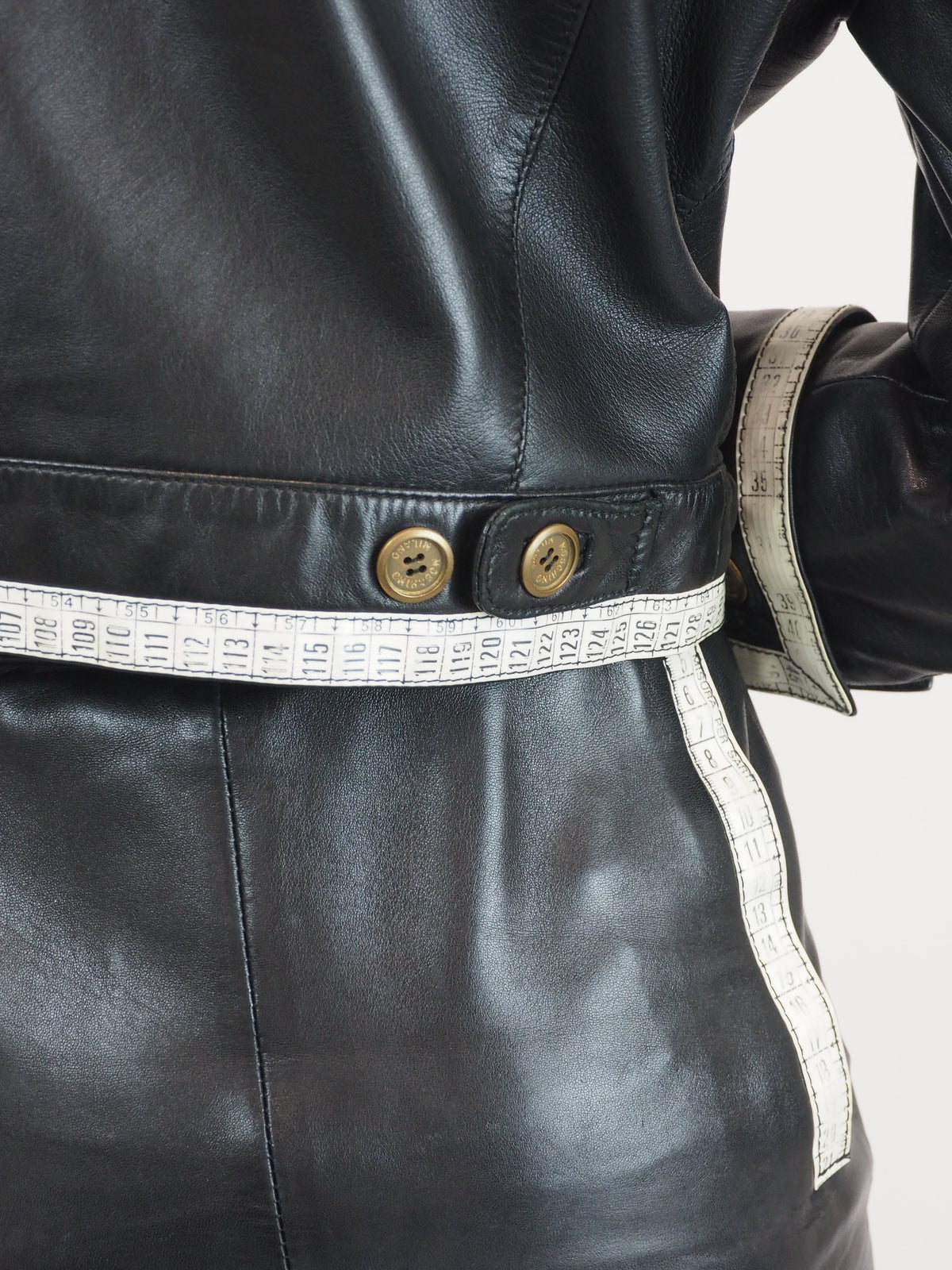 Moschino Measuring Tape/Seamstress Leather Skirt Suit