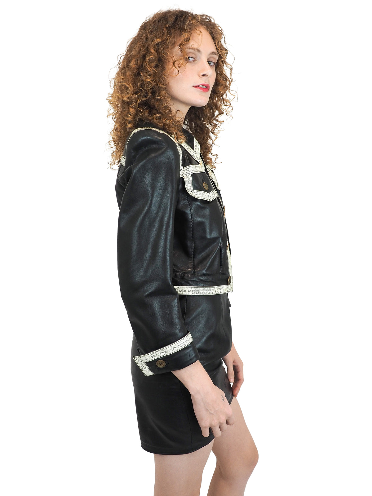 Moschino Measuring Tape/Seamstress Leather Skirt Suit