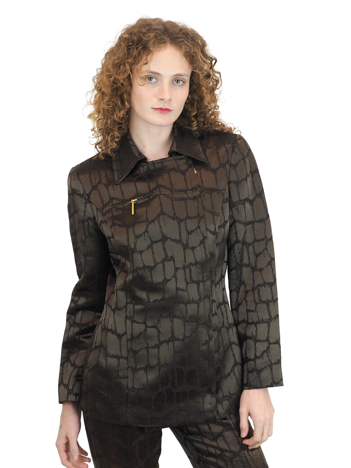 A vintage 1980's Mondi matching dark brown and black textured suit with a collared jacket, mini skirt and trousers