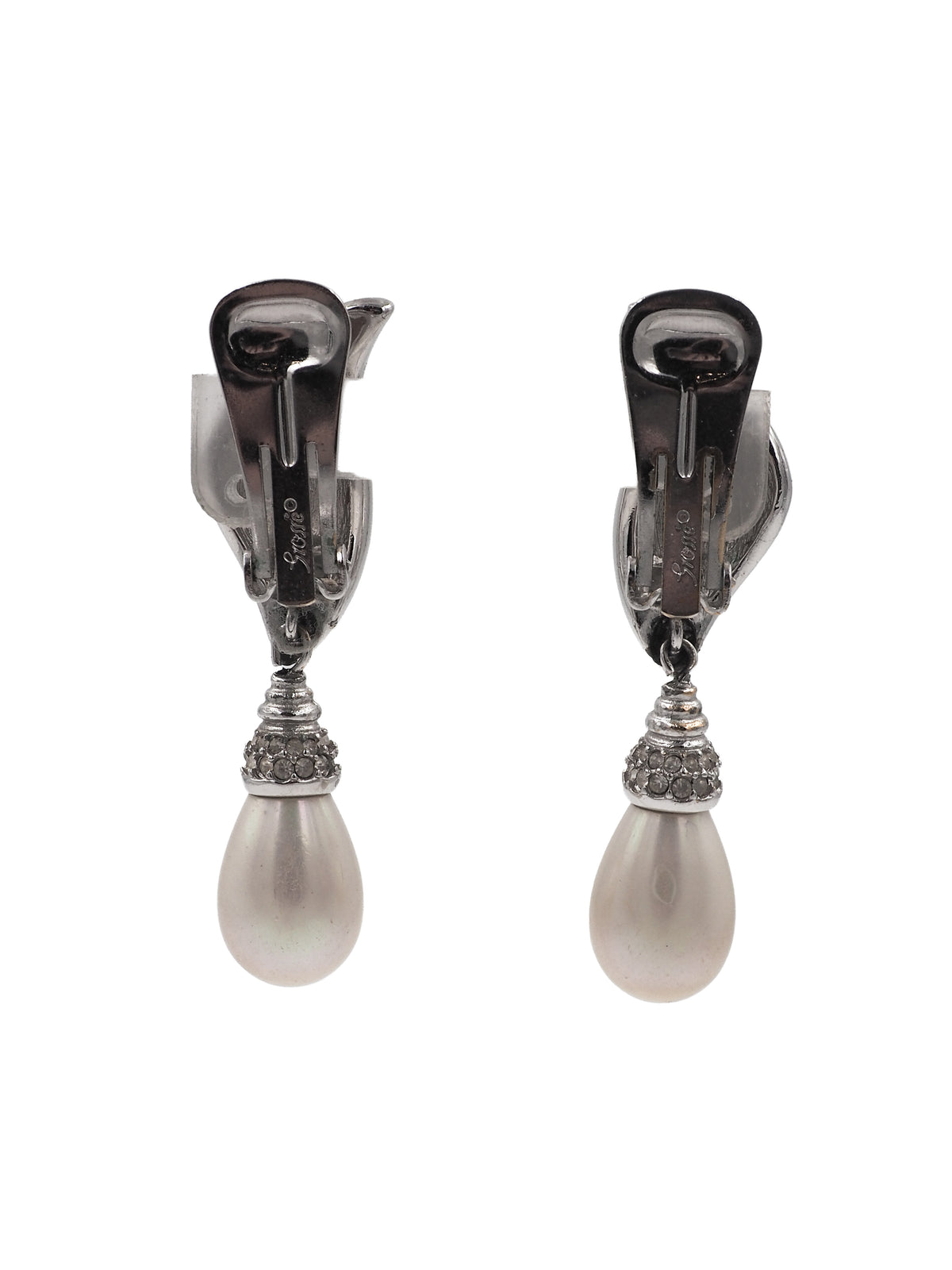 A pair of silver-toned drop earrings featuring a curved, pavé-set crystal design above a teardrop-shaped white pearl